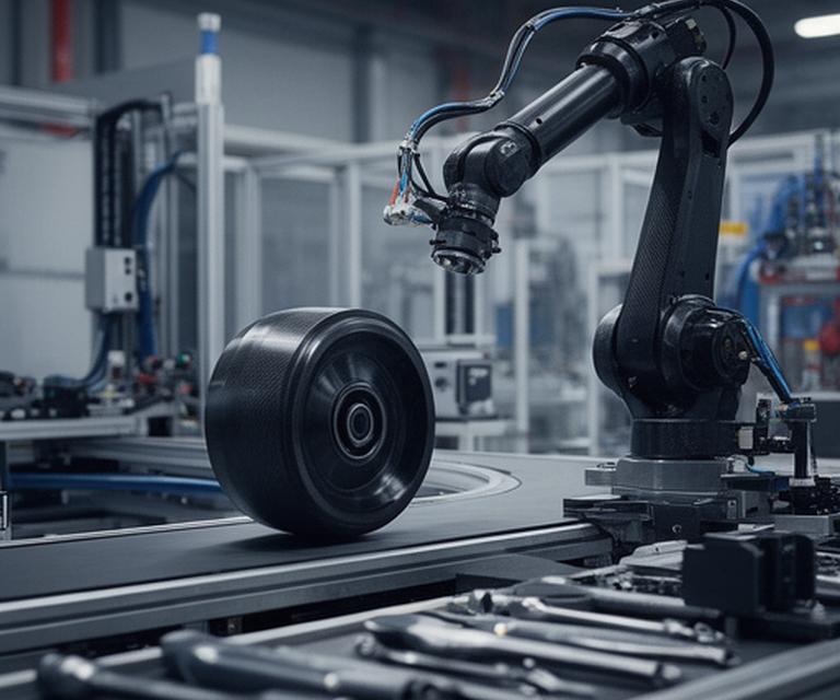 Rodillo de alta velocidad y brazo robótico de fibra de carbono en un entorno industrial ordenado