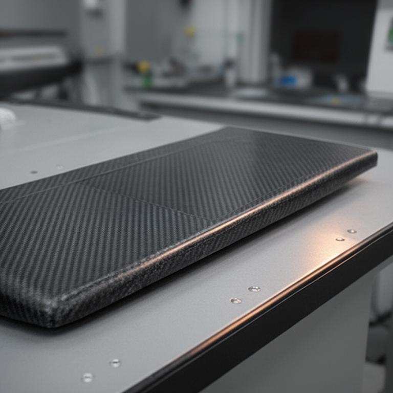 Panel aeronáutico de fibra de carbono apoyado en una mesa técnica, con cantos prolijos y textura de trama visible