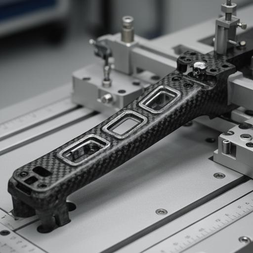Brazo técnico de fibra de carbono con insertos mecanizados sobre mesa de control dimensional