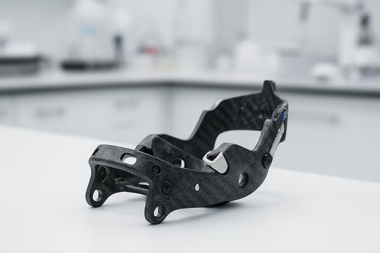 Prótesis y componente médico de fibra de carbono sobre una mesa clínica limpia, con acabado mate y detalles de ensamblaje