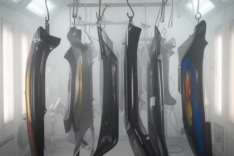 Sala de pintura con piezas de fibra de carbono colgadas para acabado superficial profesional