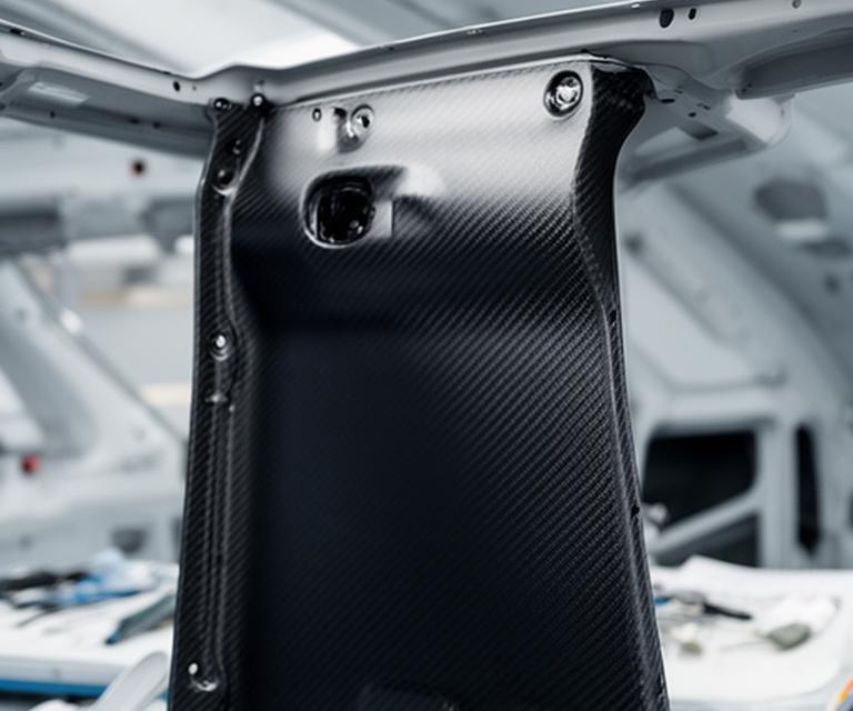Panel interior aeronáutico de fibra de carbono con soportes y terminación ignífuga en una mesa de inspección