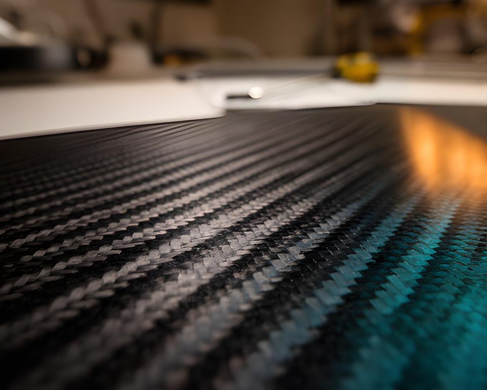 Textura de fibra de carbono sobre una mesa de trabajo con luces dramáticas y reflejos industriales