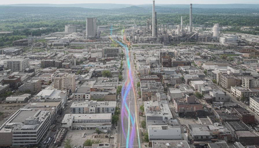 Vista urbana de referencia de Olavarría con un recorrido visual hacia una planta industrial de fibra de carbono