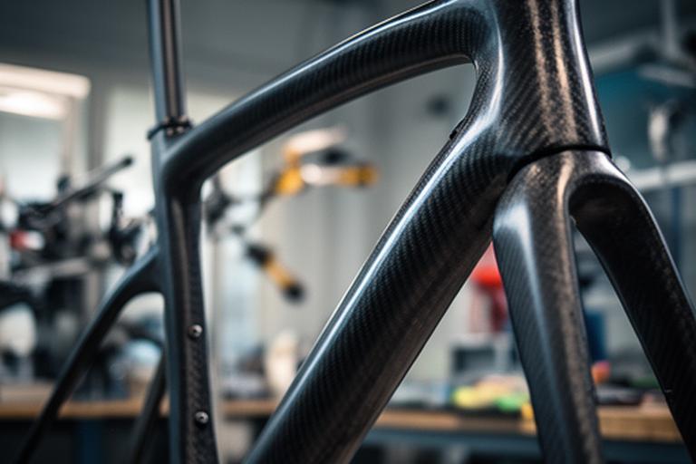 Cuadro de bicicleta de fibra de carbono colgado en un área de producción, con iluminación lateral que resalta la trama del material
