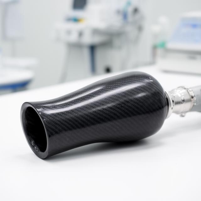 Prótesis personalizada de fibra de carbono apoyada sobre una superficie clínica blanca con terminación precisa