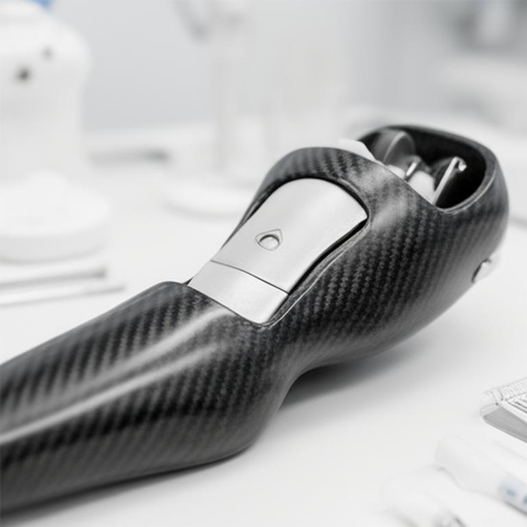 Prótesis personalizada de carbono con encastre anatómico y terminación suave en entorno clínico