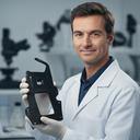 Profesional de industria médica sosteniendo una pieza de carbono en un entorno de laboratorio