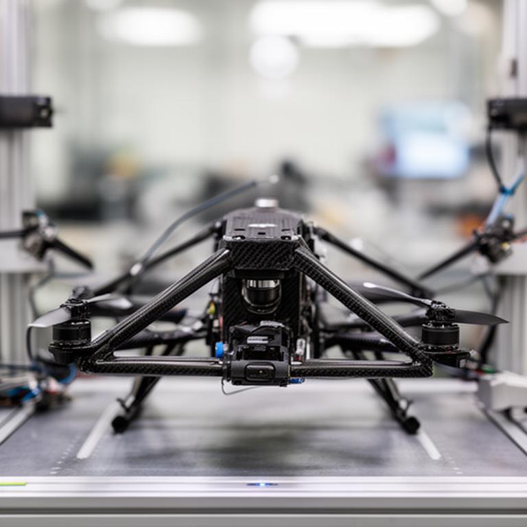 Prototipo de dron liviano de fibra de carbono con brazos triangulados sobre mesa de ensayo