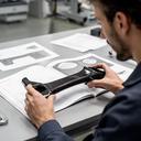 Ingeniero de proyecto revisando un componente de fibra de carbono con planos abiertos sobre la mesa