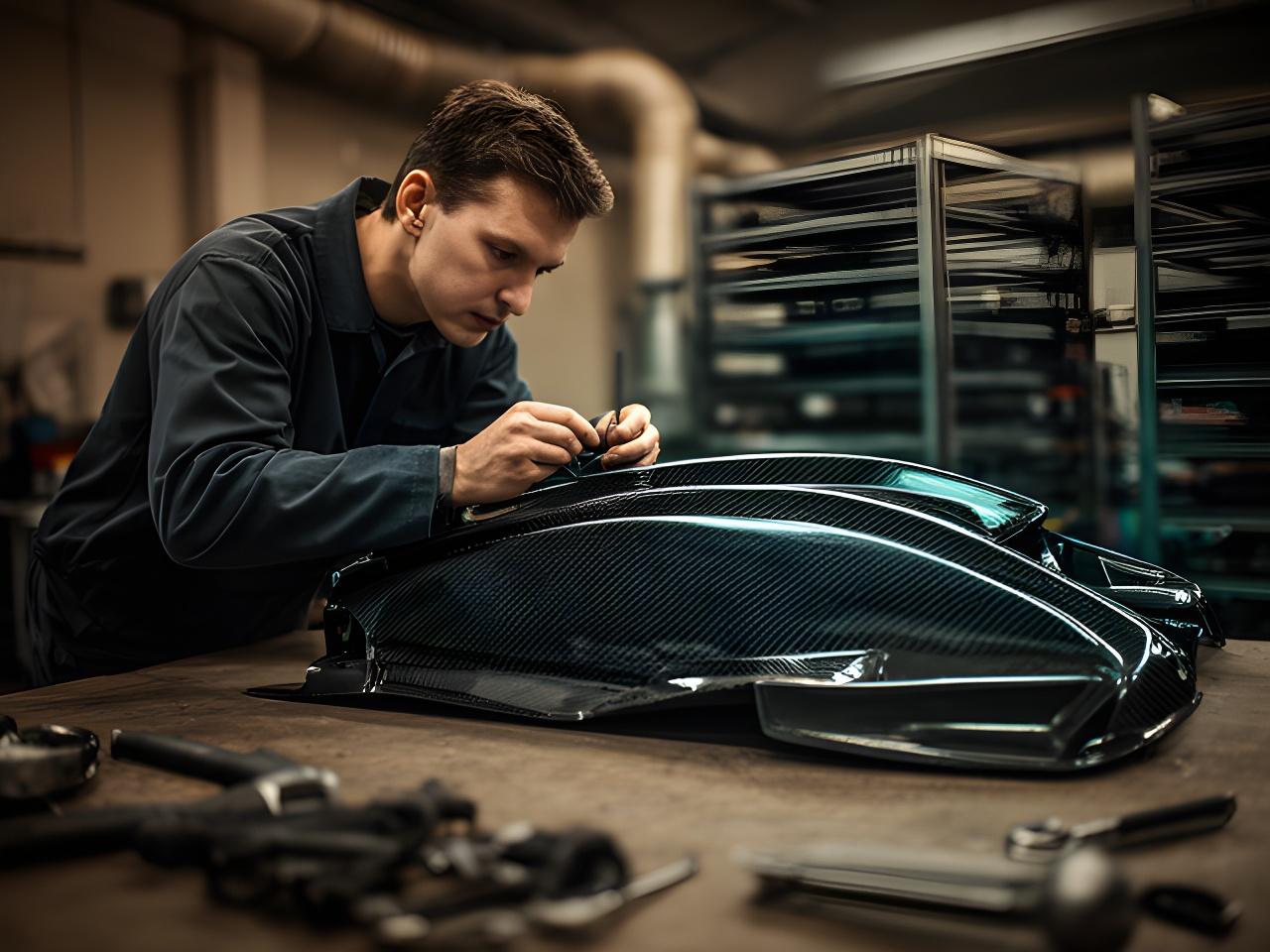 Técnico revisando una pieza de fibra de carbono en un taller industrial de Olavarría, con mesa de trabajo y terminaciones brillantes