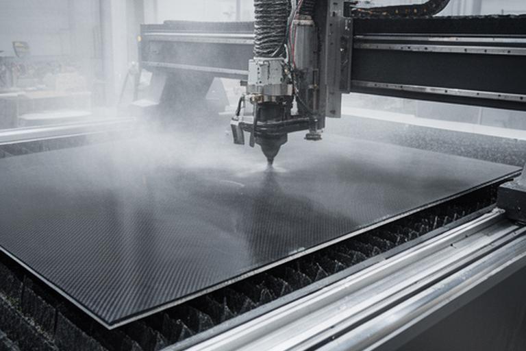 Cortadora CNC trabajando una placa de fibra de carbono con polvo controlado en un taller técnico
