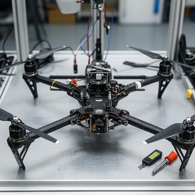 Prototipo de dron de carbono en banco de pruebas con brazos expuestos y herramientas de calibración