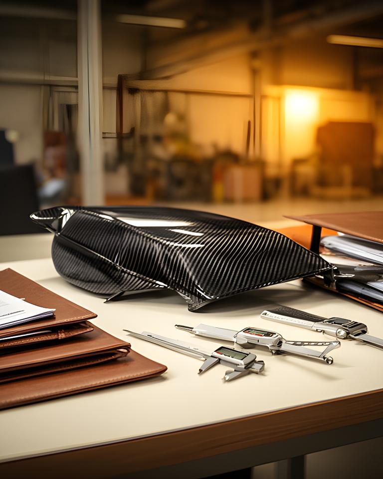 Plano de oficina industrial con piezas de fibra de carbono, carpetas legales y luz cálida sobre una mesa de trabajo