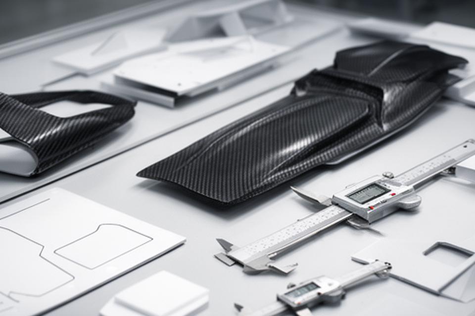 Mesa de ingeniería con bocetos, calibre y modelos digitales de componentes de composites