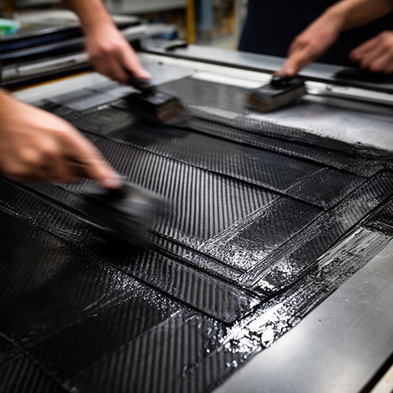 Proceso de laminado manual de fibra de carbono en mesa de trabajo con herramientas de precisión