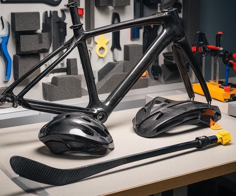 Cuadro de bicicleta, casco deportivo y palo de hockey de fibra de carbono expuestos en una mesa de prototipos