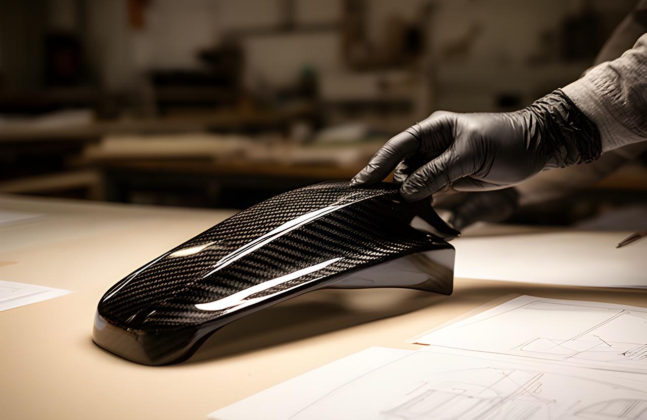 Mano enguantada inspeccionando un componente de fibra de carbono brillante sobre una mesa de taller con planos técnicos
