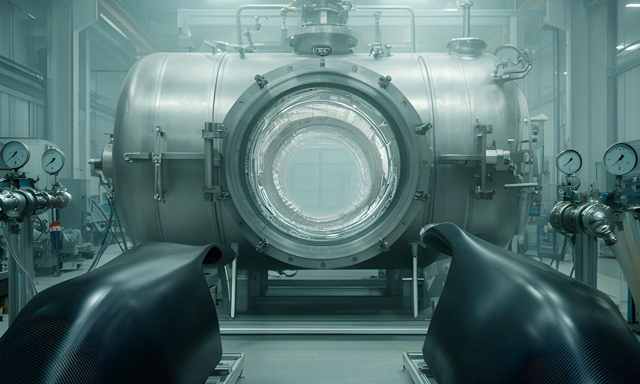 Autoclave industrial listo para curado de piezas de composites en una planta de fabricación