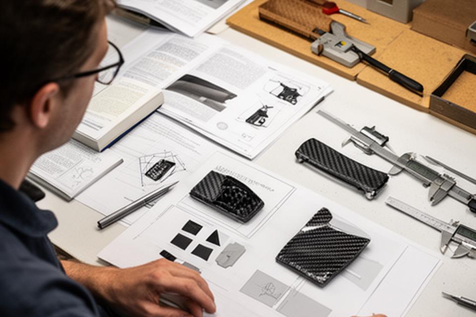 Ingeniera analizando planos y referencias de una pieza compuesta sobre una mesa de diseño